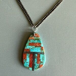 Inlaid Turquoise and Coral Pendant Necklace